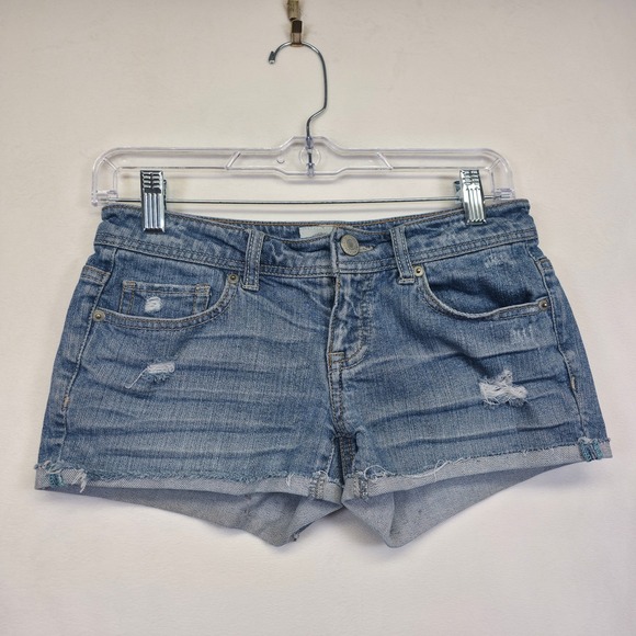 Aeropostale Micro Mini Shorts Women 2 Blue Distressed Denim Low Rise Y2K Classic - Picture 2 of 14
